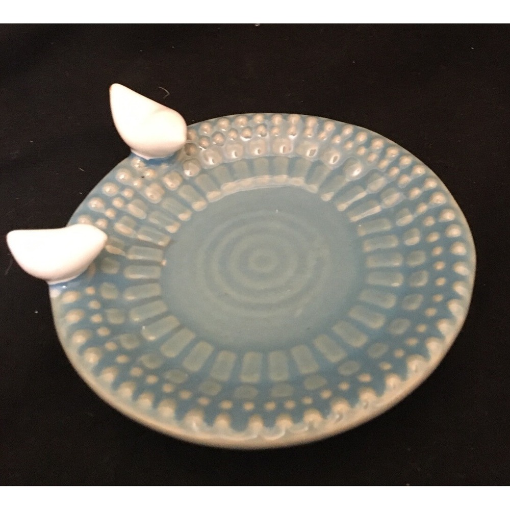 Oh Gussie! Aqua Stoneware Round Trinket Dish with White Birds